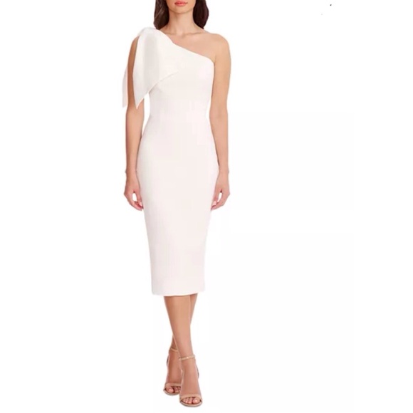 Dress the Population White Tiffany One Shoulder Bow Midi Dress Size Small - Picture 1 of 7